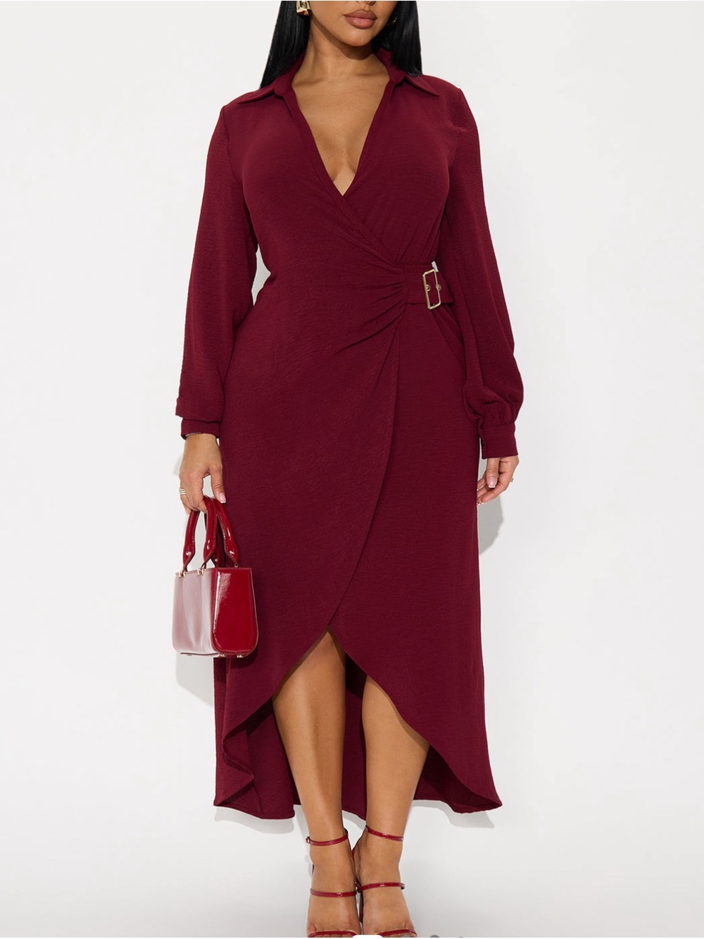 Fashion Nova Burgundy Wrap Front High-Low Midi Dress